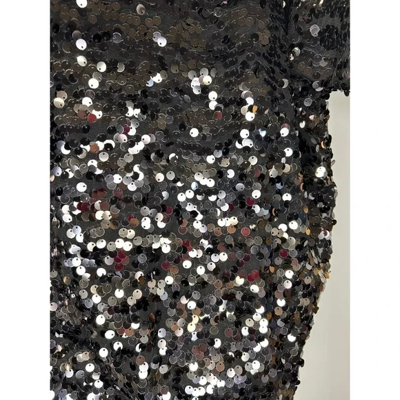 HM Black Sequin Short Sleeve Top Womens Large Boxy Scoop Neck Party Blouse - Picture 3 of 7